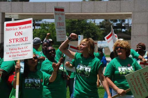 Workers at the UCSD hospital on the picket line during a five-day strike in July 2008