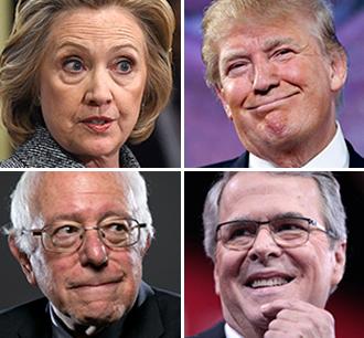 Clockwise from top left: Hillary Clinton, Donald Trump, Jeb Bush and Bernie Sanders