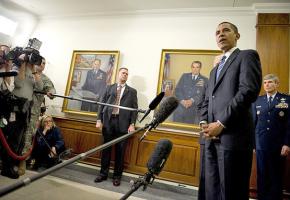 President Obama responds to questions from the media about U.S. occupations after a meeting at the Pentagon